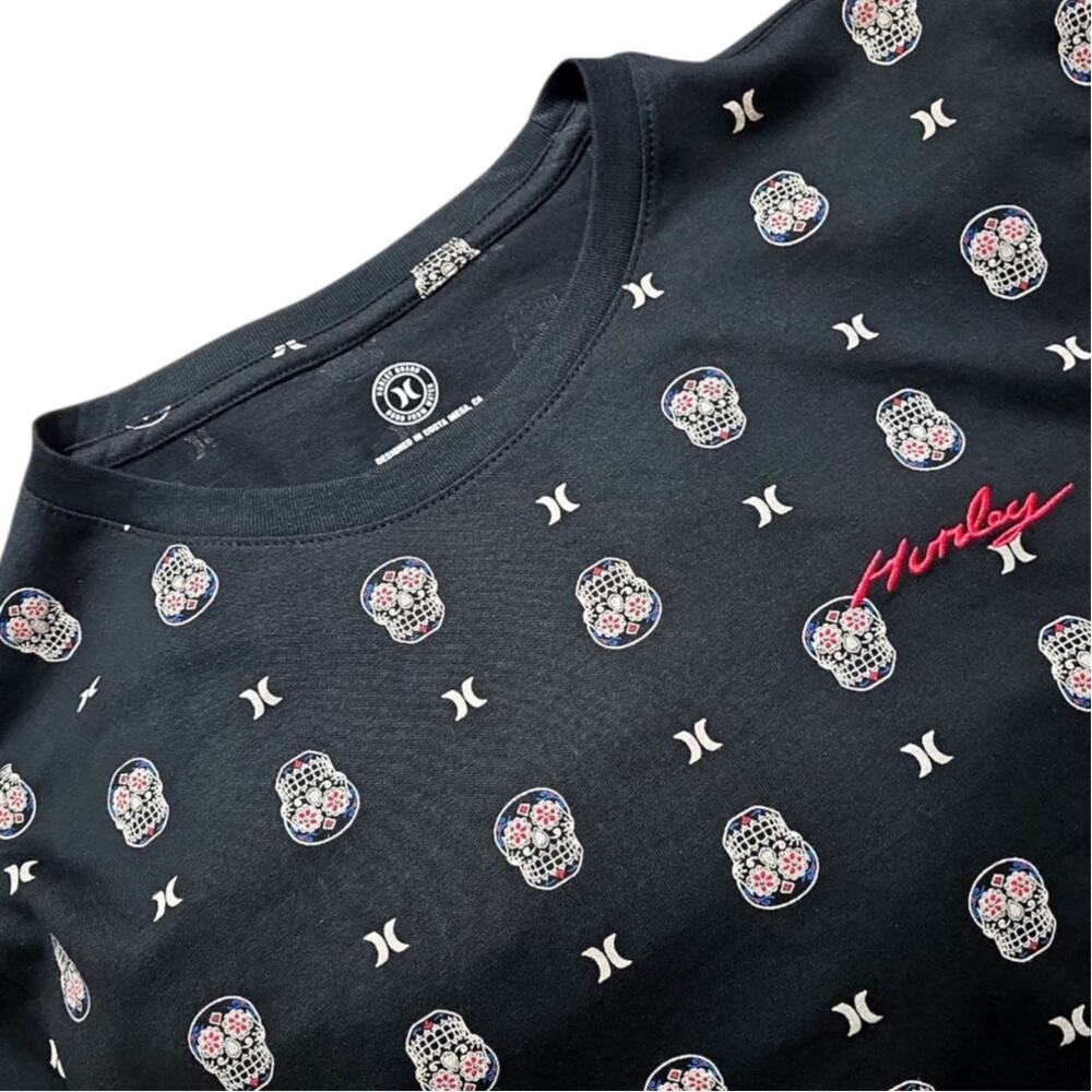 Hurley Black Graphic T-Shirt Mens Medium Day of the Dead Sugar Skull Calavera